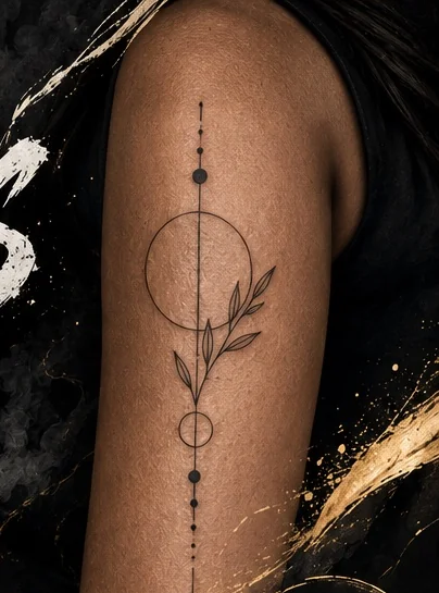 Tatouage fine line sur le bras : ligne de points, grand cercle et rameau de feuilles
